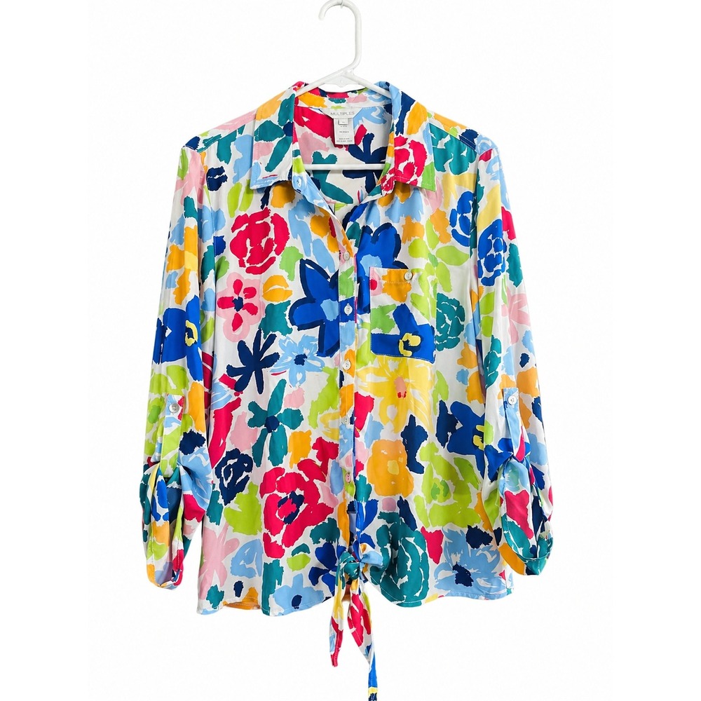 Multiples Women's Floral Button-Up Blouse Size L Colorful Tie Front Lightweight
